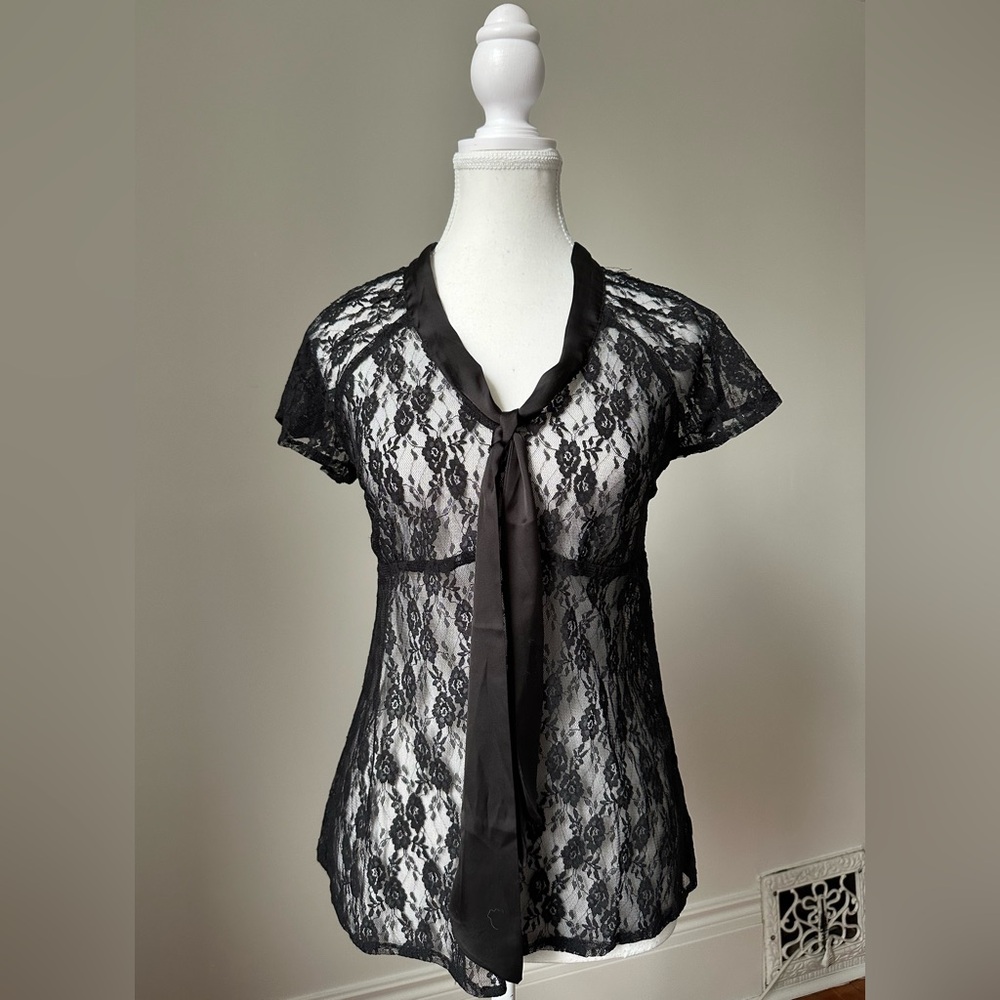 CHAPTER ONE Black Lace Y2K Whimsigoth Vamp Coquette Pussybow‎ Blouse Size 4